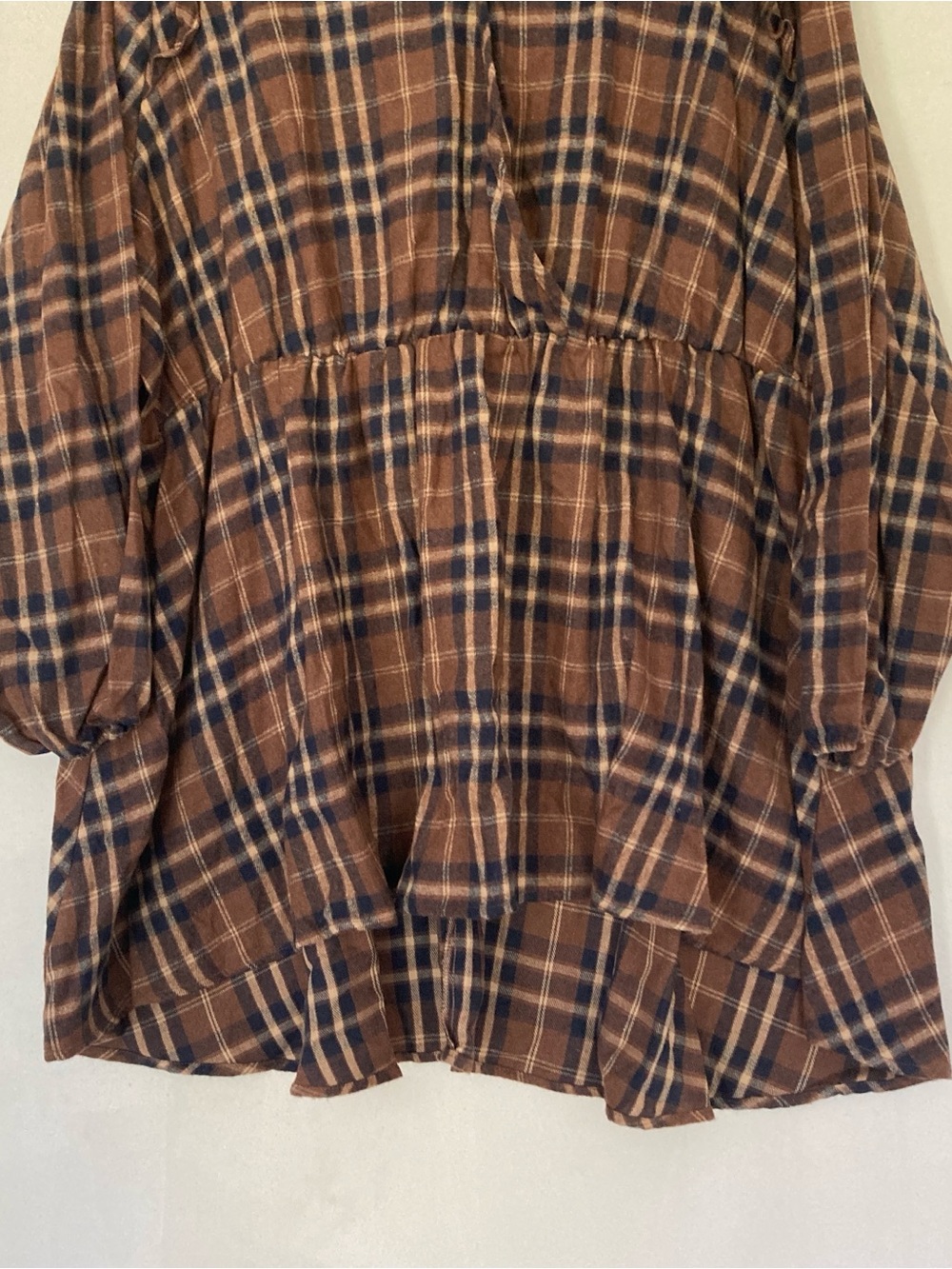 Bloomchic V Neck Plaid Ruffles Sleevele Dress brown Sz 30 Oversized - Picture 5 of 16